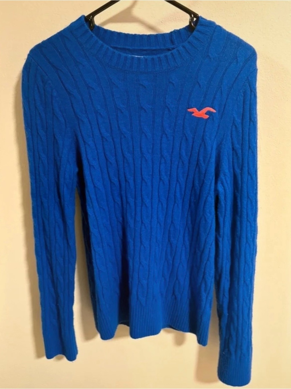 Hollister Men's Cable Crewneck Sweater in Bright Blue with Coral Logo